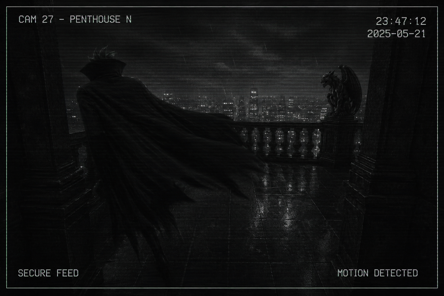 Security footage — unidentified caped figure on penthouse balcony, CAM 27
